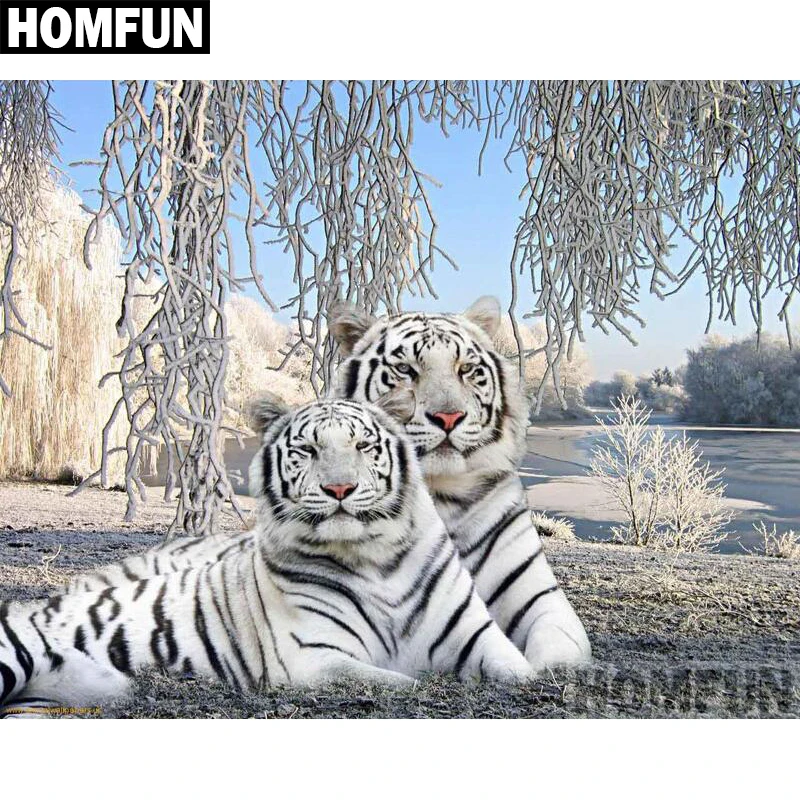 Алмазная живопись HOMFUN A02387 полноразмерная/круглая вышивка Белый Тигр 5D для