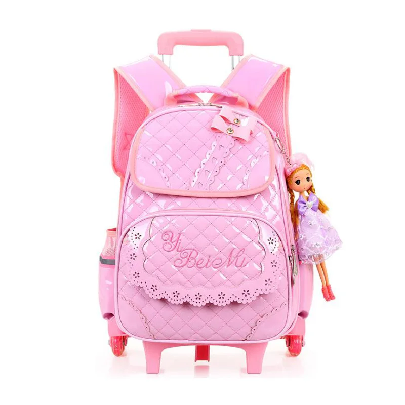 pink 3 Колеса Школьная Сумка на колесах девочки Школьный рюкзак с рисунком кукла молния Детский рюкзак водостойкий PU дети школьная сумка на колесах - Цвет: pink