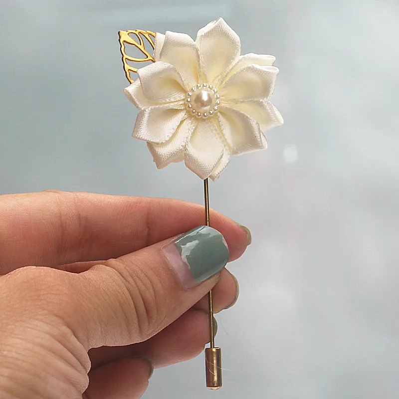 

Marfim Satin Flowers Groom Pin Corsage Flower de mariage Golden Leaf Bridal Wedding Corsage Brooches for Man Suit XH889P-2