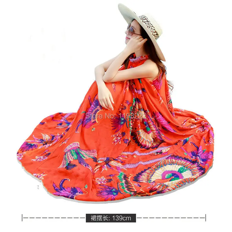 Womne Summer Fashion Retro Ruffle Neck Sleeveless Boho Chiffon Floral Pleated Loose Belted Party Big Hem Long Maxi Dress | Женская