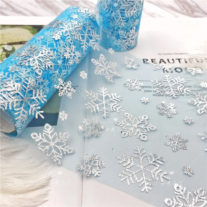 15cm*10yards Snowflake Organza Tulle Roll Spool Fabric Ribbon Bolt DIY Tutu Skirt Gift Craft Party Bow Wedding Party Xmas Decor