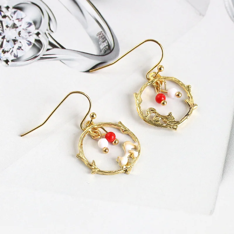 Золото Цвет дерево серьги в виде капель с Эмаль белок бусины кисточкой Висячие