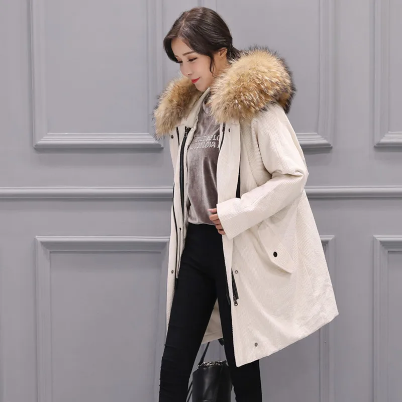 Женский вельветовый пуховик со съемной подкладкой пальто с большим воротником