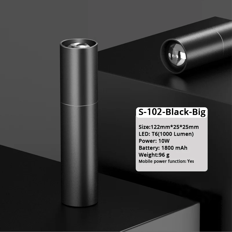 S-102-Big-Black Мощный светодиодный светильник-вспышка, перезаряжаемый фонарь дальнего действия, супер яркий маленький аварийный светильник, можно использовать как внешний аккумулятор - Испускаемый цвет: S-102-Big-Black