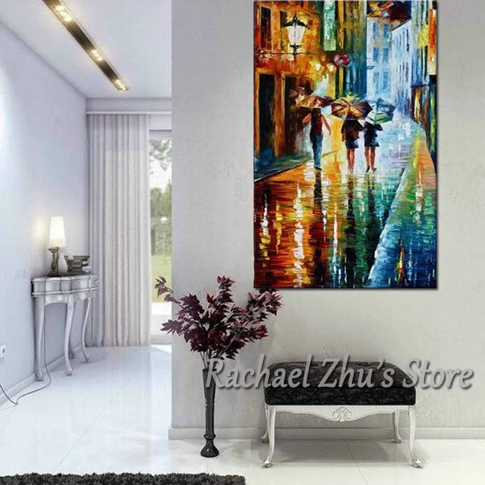 

Hand Painted Palette Knife Rainy Night Umbrella Oil Painting On Canvas Wall Pictures Living Room Bedroom Home Wall Art Decor