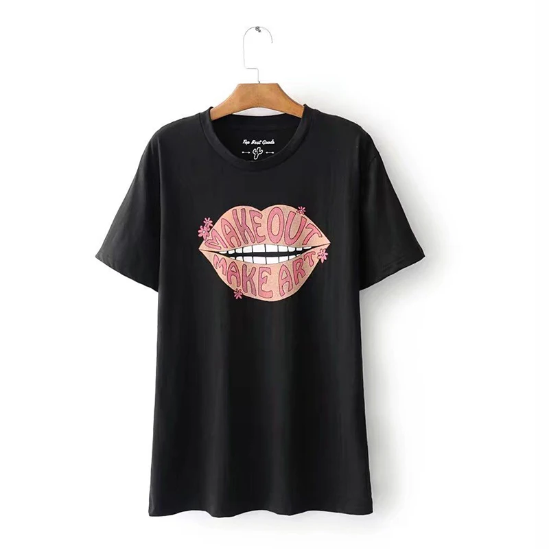 Забавный Kawaii Большой рот печати Футболка женские топ с короткими рукавами и