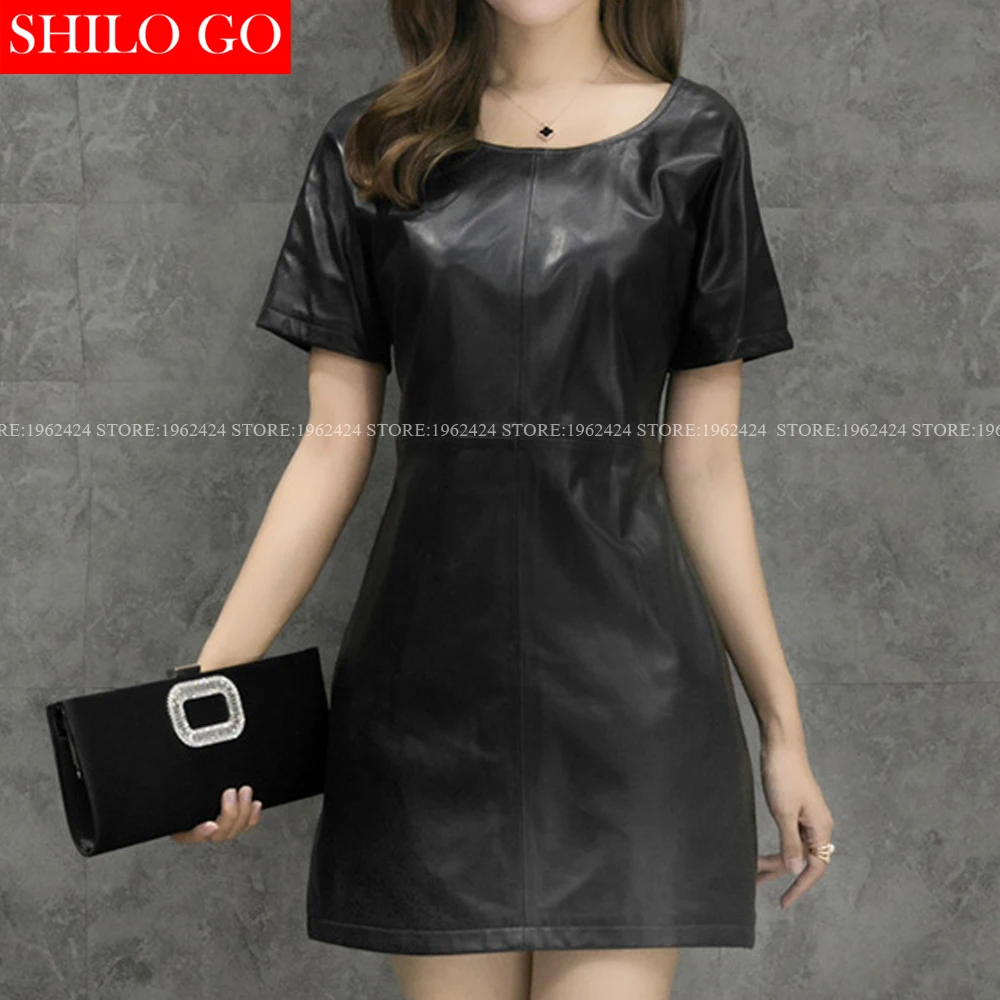 SHILO GO модное уличное женское черное офисное платье-карандаш с круглым вырезом и коротким рукавом на молнии из натуральной овечьей кожи женское платье
