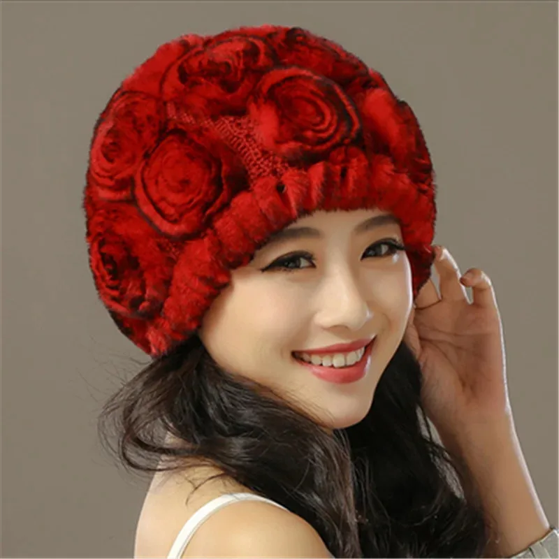 Шапка из меха кролика рекс пятилетняя утепленная вязаная зимняя купольная шапка