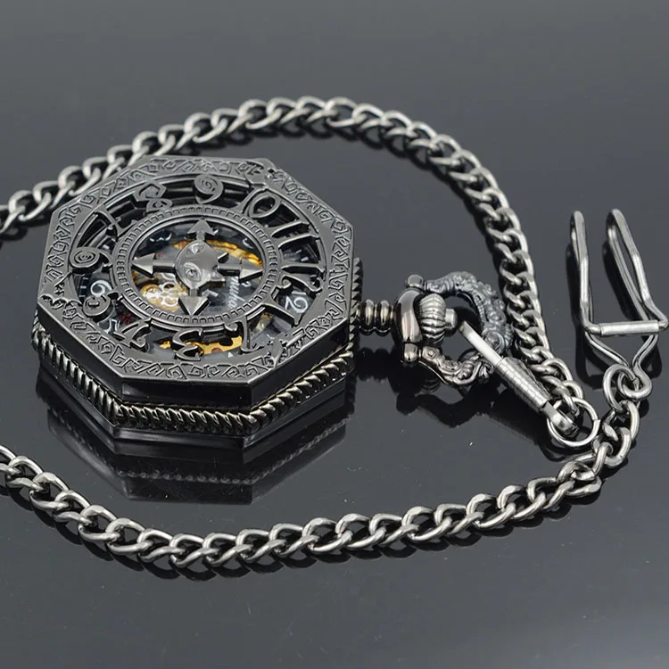 United Kingdom Bat Hexagon Skeleton Watches Steampunk Pocket Watch Antique Black Half Hunter Mechanical | Наручные часы