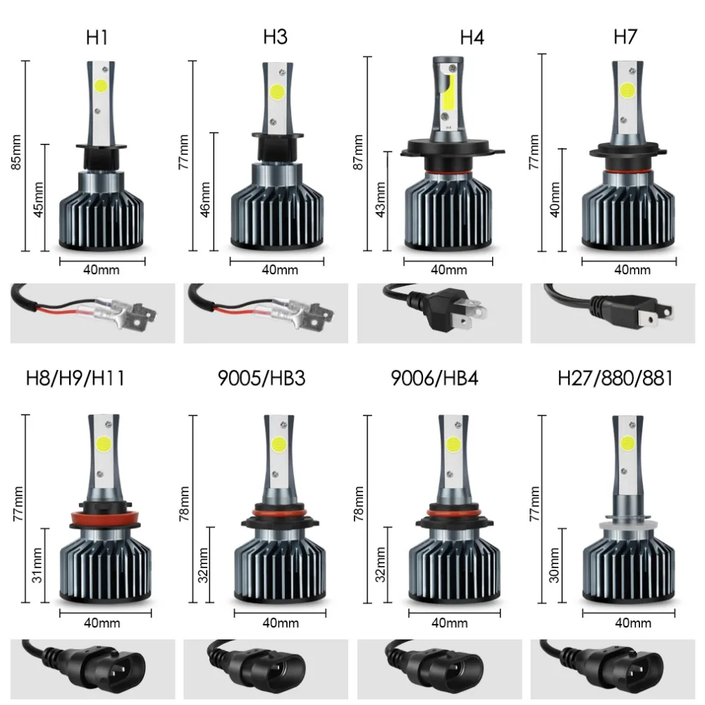 2 шт. Автомобильные светодиодные лампы H4 H7 H1 H3 H8 H9 H11 HB3 9005 HB4 9006 H27 880 881 72 Вт 12 В 24