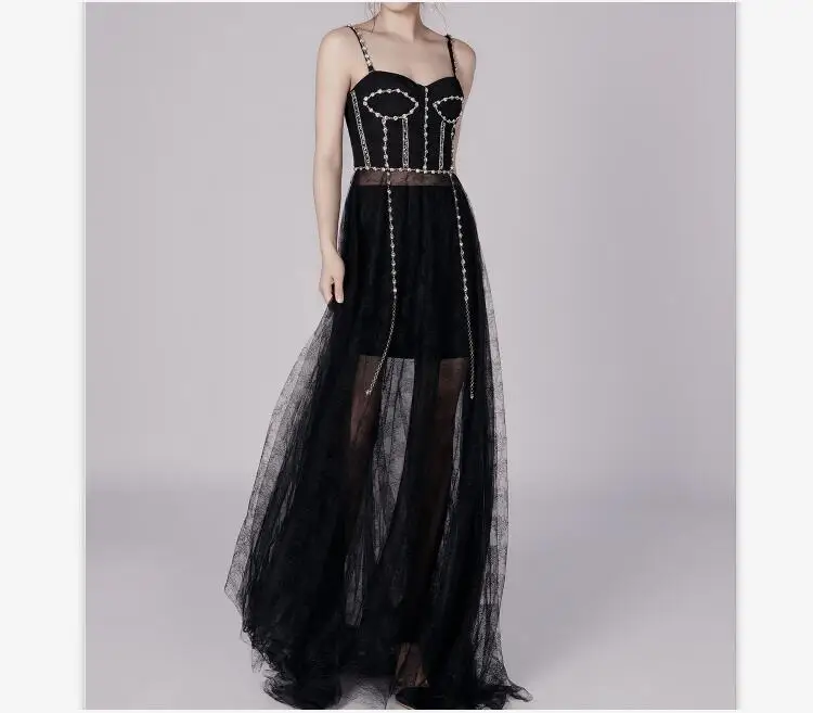 Elegant Party Dress Women Black Long Celebrity Night Club Dresses Summer Beading Sexy Strap Lace | Женская одежда