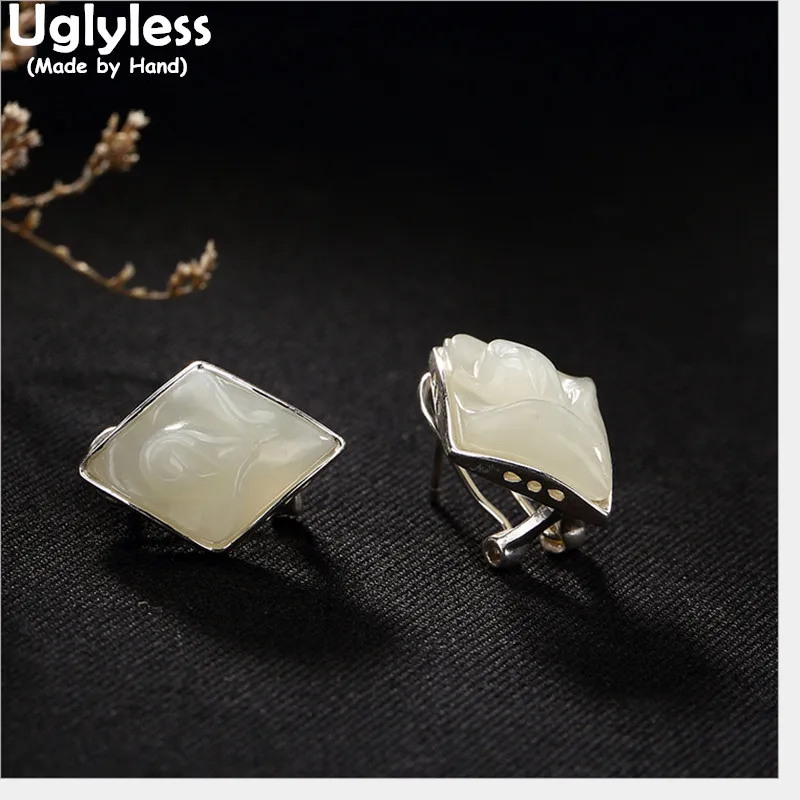 

Uglyless Real 925 Sterling Silver Nature Jade Stud Earrings Engrave Rose Brincos Bijoux Vintage Rhombus Studs Women Fine Jewelry