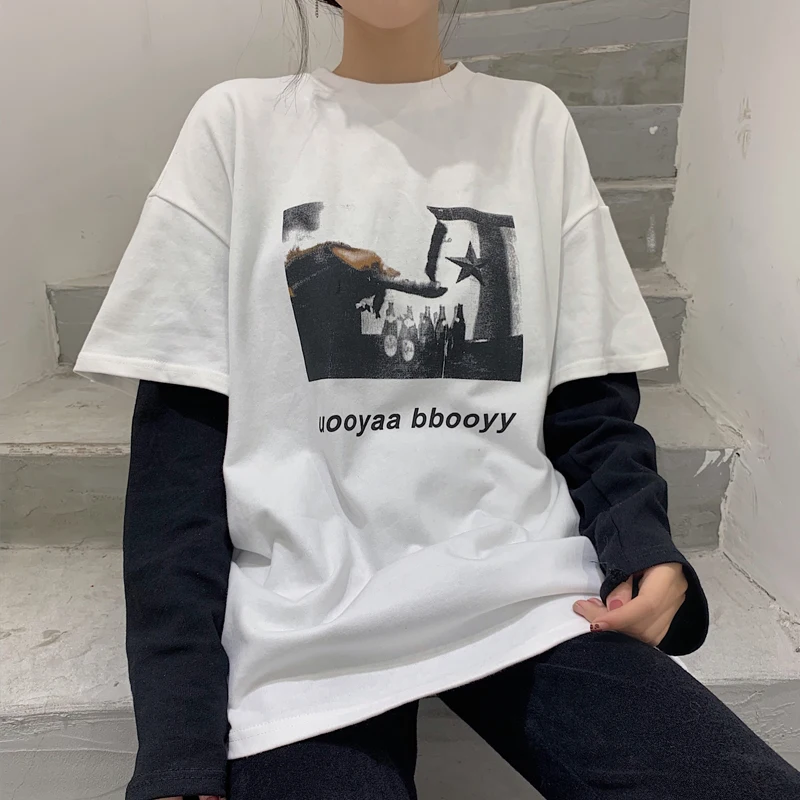 YouGeMan Harajuku Повседневное Для женщин футболка Топ сезон: весна–лето корейский Ulzzang с принтом футболка с короткими рукавами женские свободные футболки