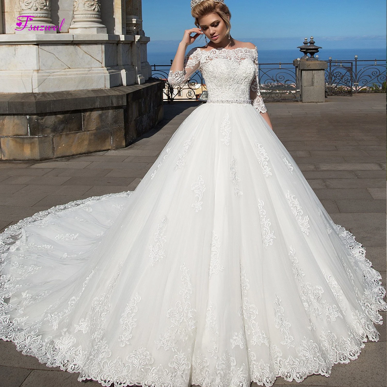 Glamorous Half Sleeve Appliques Chapel Train A-Line Wedding Dresses 2020 Luxury Sashes Beaded Scoop Neck Bridal Gowns Plus Size | Свадьбы и