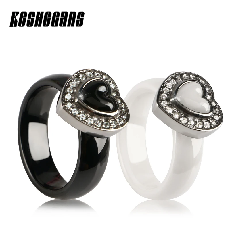 

New Design Heart Shape Ceramic Ring Black White Color With 1 Row Crystal Women Jewelry 6mm Wide Ring Engagement Gifts For Lady