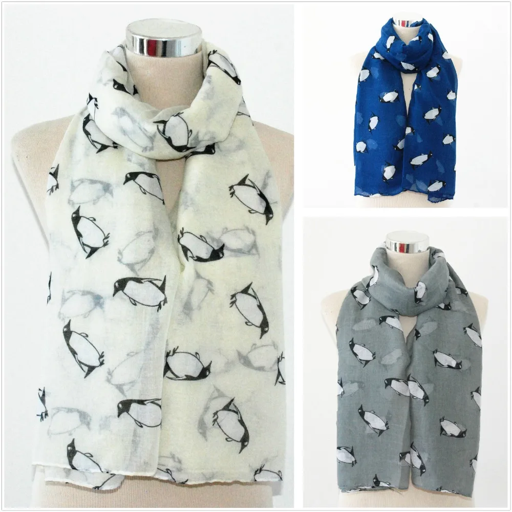 

100% Viscose Oblong Scarf Lovely Penguin Print 180x90cm 3 Colours Available