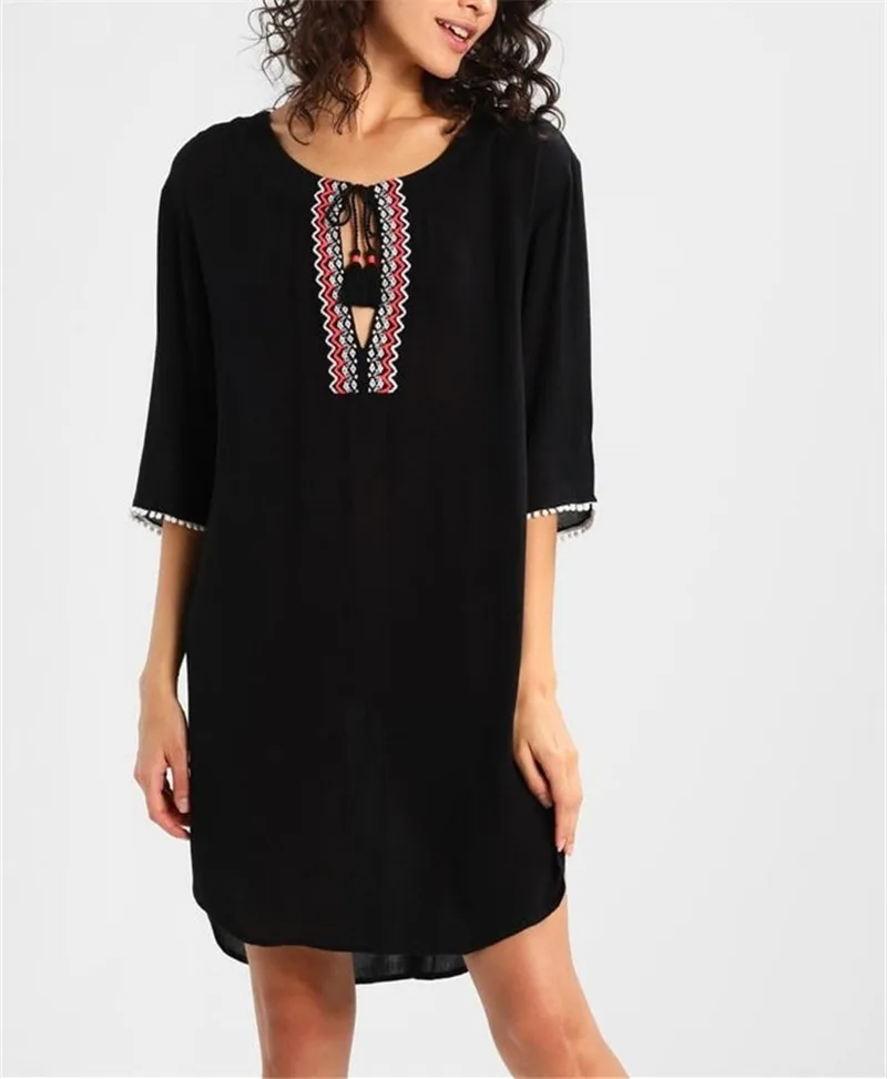 Хлопковое пляжное платье туника с вышивкой пляжный комбинезон для женщин парео
