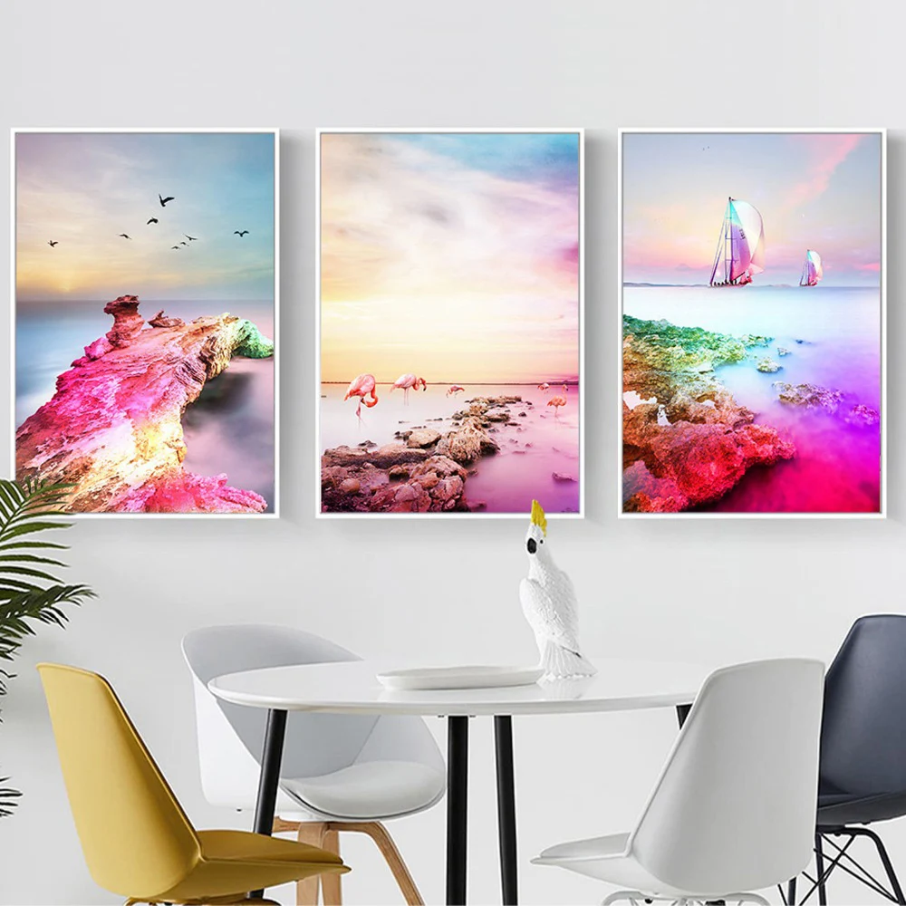 

Nordic Art Bedroom Decoration Painting Pink Landscape Flamingos Poster Sailboat Landscape Wall Art Picture For Living Room