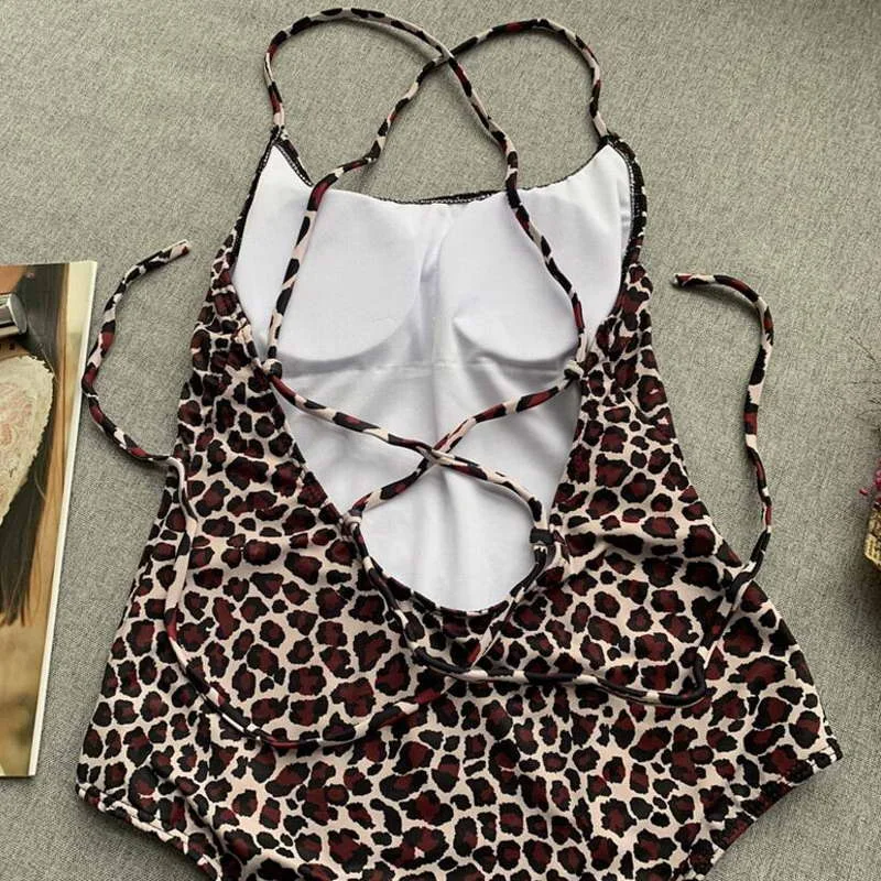 Бразильское бикини с леопардовым принтом и открытой спиной лето 2019|Комбинезоны| |