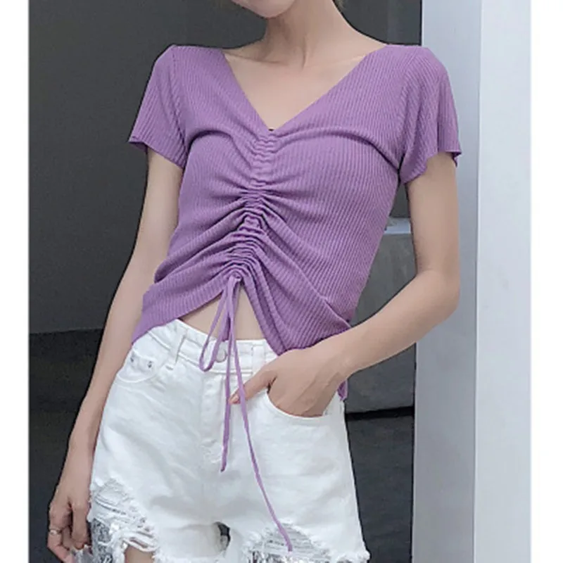 

Женская футболка на завязках, Повседневная Однотонная футболка с V-образным вырезом, модель TT401 в Корейском стиле на лето, 2020