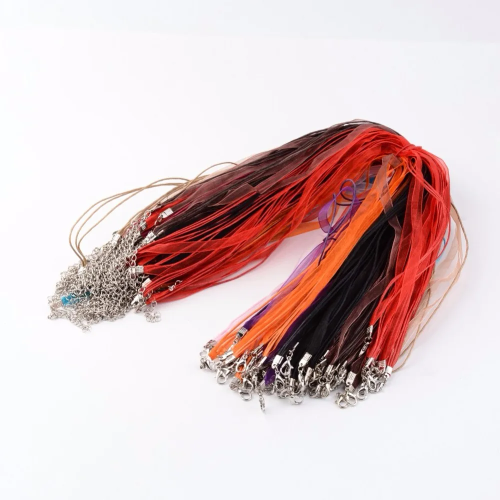 

100 Strands Colorful Jewelry Making DIY Necklace Thread Cord, Organza Ribbon & Cotton Wax Cord Silver Color Iron Clasp, 430x6mm