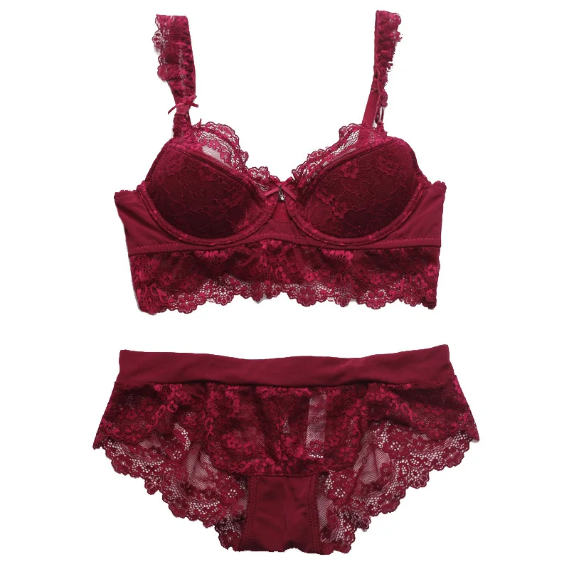 Plus Size Bra and Panty Sets Underwear With Lace Bra Half Cup Underwire Ultra Thin Sexy Lingerie Brassieres 90D 95C 95D - Цвет: Winered