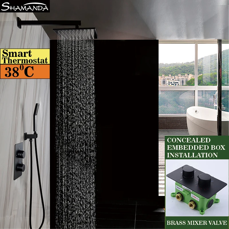 Brass Wall Mounted Black Thermostatic Shower Set Faucets Ceiling/Wall Arm Handheld With 8/10/12/16 Inch Rain Head | Обустройство дома