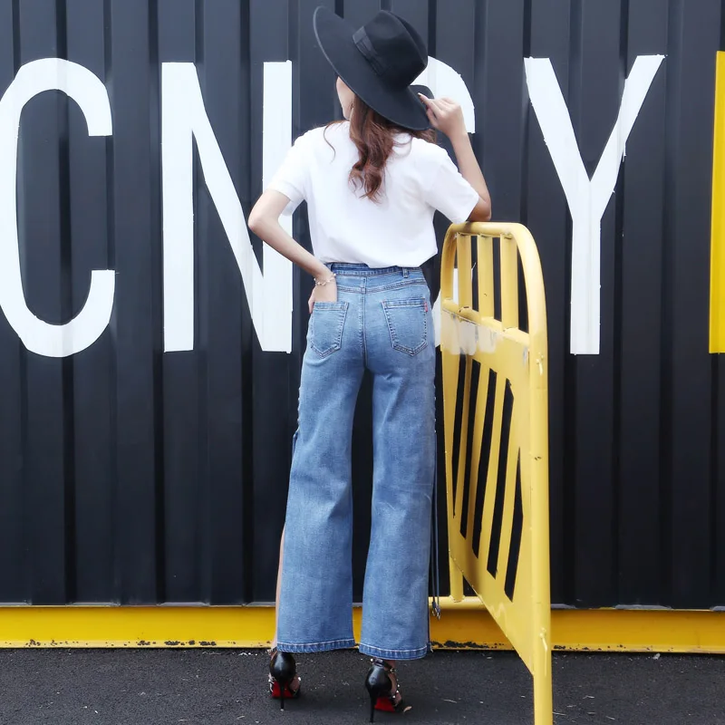 Джинсы Vetevidi с разрезом прямые джинсы высокой талией завязками в европейском и