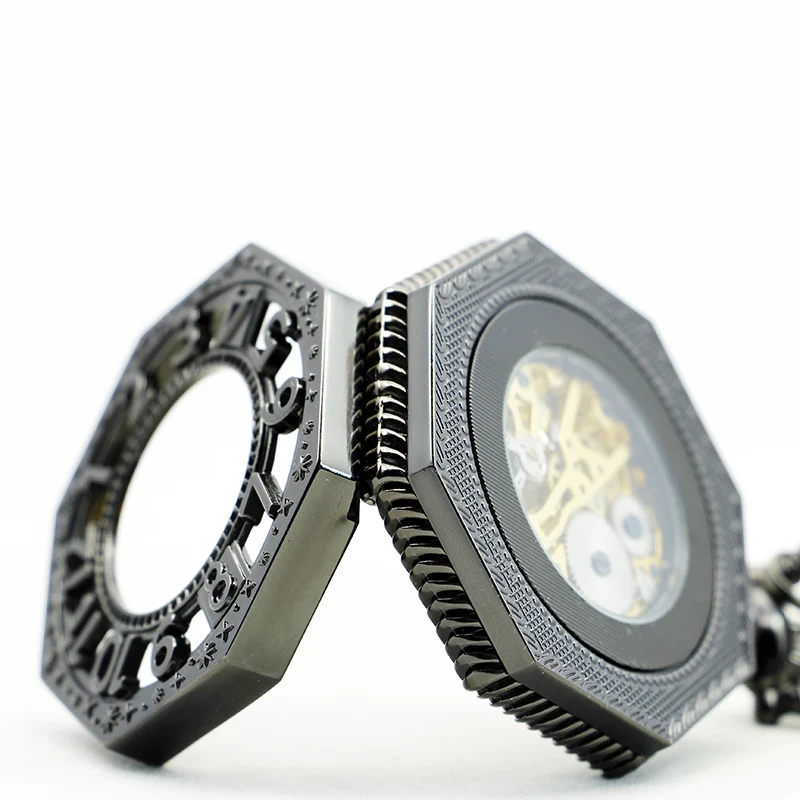 Black Octagon Hollow Digital Direct Display Manual Mechanical Pocket Watch Vintage Steampunk Necklace Pendant Clock Gift