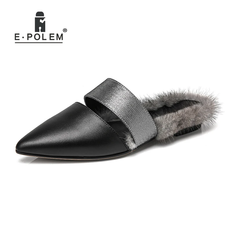 

2018 New Style Black Fur Women Slippers Fashion Female Winter Plush Slippers Simple Flat Heel Home Casual Shoes