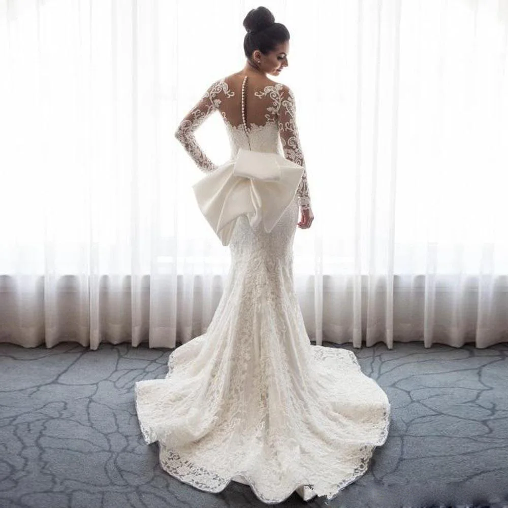 BRITNRY 2019 Luxury O Neck Long Sleeve Detachable Train Muslim Mermaid Wedding Dresses 2 in 1