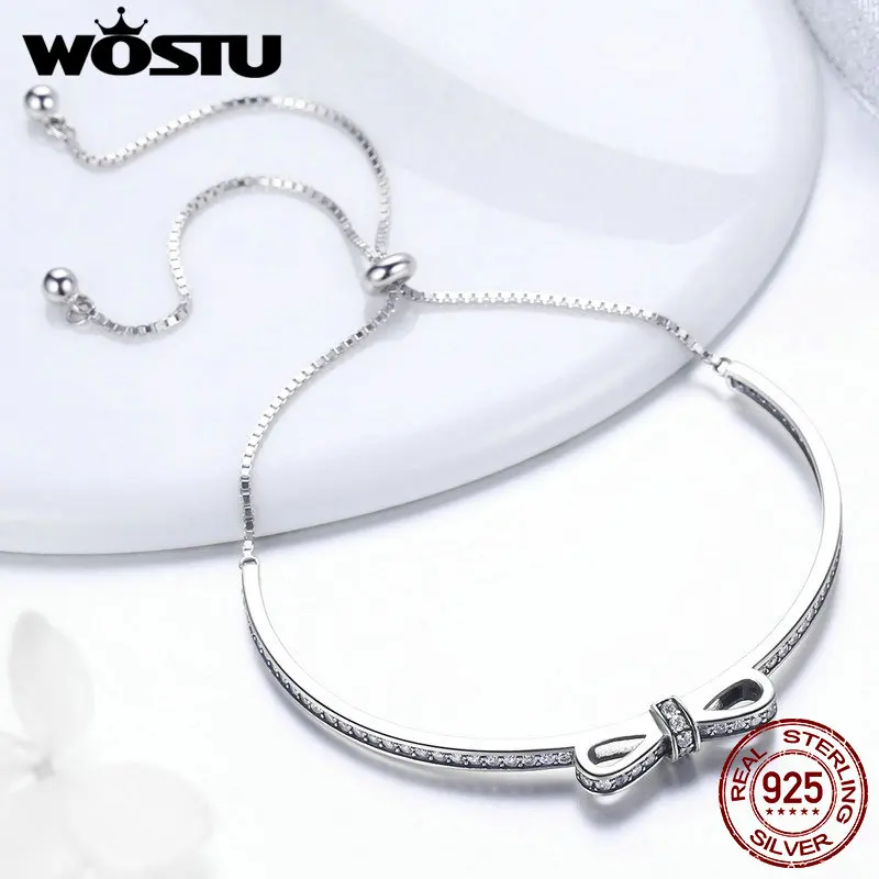 WOSTU, высокое качество, 925 пробы, серебряный, розовый, золотой браслет, сверкающая цепочка с бантом, регулируемый циркониевый браслет, ювелирное изделие, FIB108