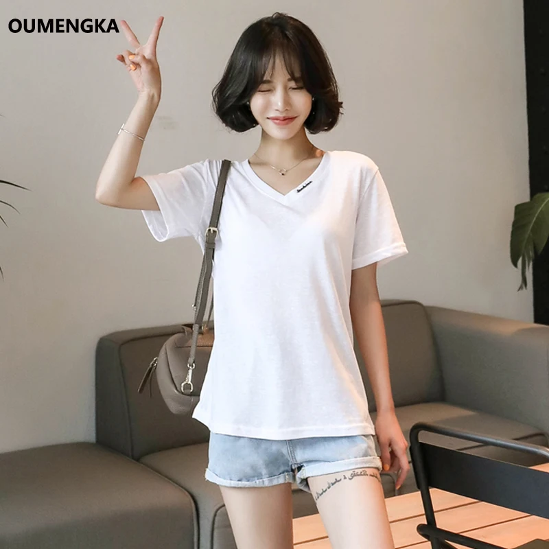 Женская хлопковая Футболка с V образным вырезом коротким рукавом|Футболки| |