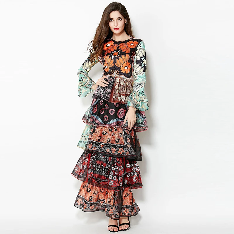 Женское многослойное платье макси с круглым вырезом длинным рукавом и цветочным