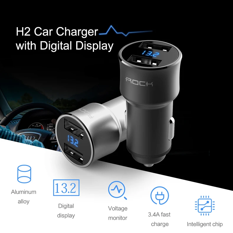 Автомобильное зарядное устройство ROCK H2 Dual USB, цифровой светодиодный дисплей, 5 В/3,4 А, быстрая зарядка, мониторинг напряжения, зарядное устройство для iPhone 6, 7, samsung, S8 Plus