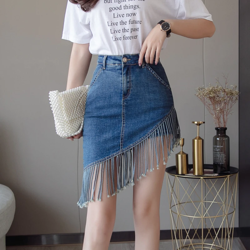 Женская юбка с кисточками осенняя джинсовая ассиметричная высокой