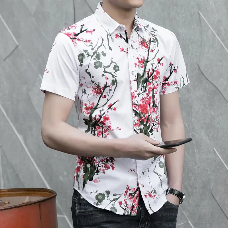 

LOLDEAL Summer New Men's Shirt Large Size Satin Flower Short-sleeved Casual Printed Plum Short-sleeved Shirt