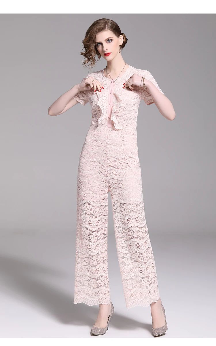 Летний кружевной женский элегантный комбинезон с коротким рукавом сексуальные вечерние Клубные длинные штаны комбинезон широкие комбинезоны и ромперы