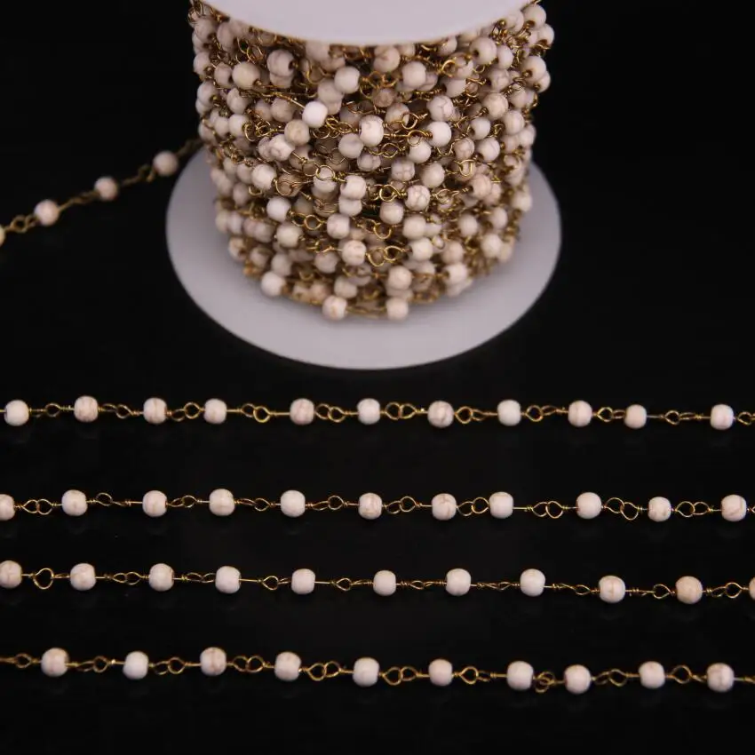 5Meters/lot 4mm White Turquoises Round bead Copper Link Chain Gems Stone With Brass Wire Wrapped Rosary Style | Украшения и