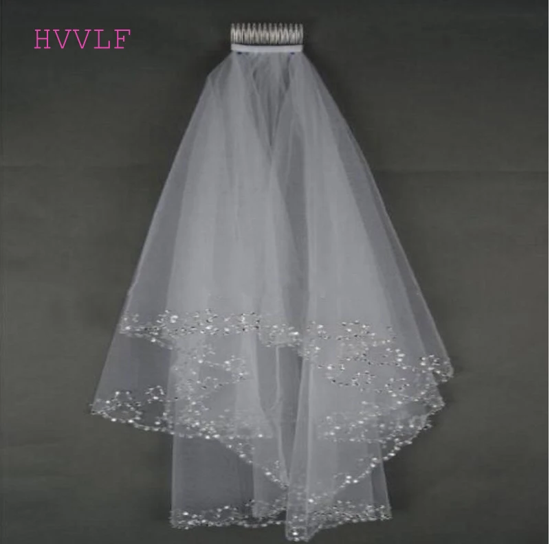 

White Ivory Bridal Veils Wedding Veils Bridal Veil 2 Layer Handmade Beaded Crescent edge Bridal Accessories Veil