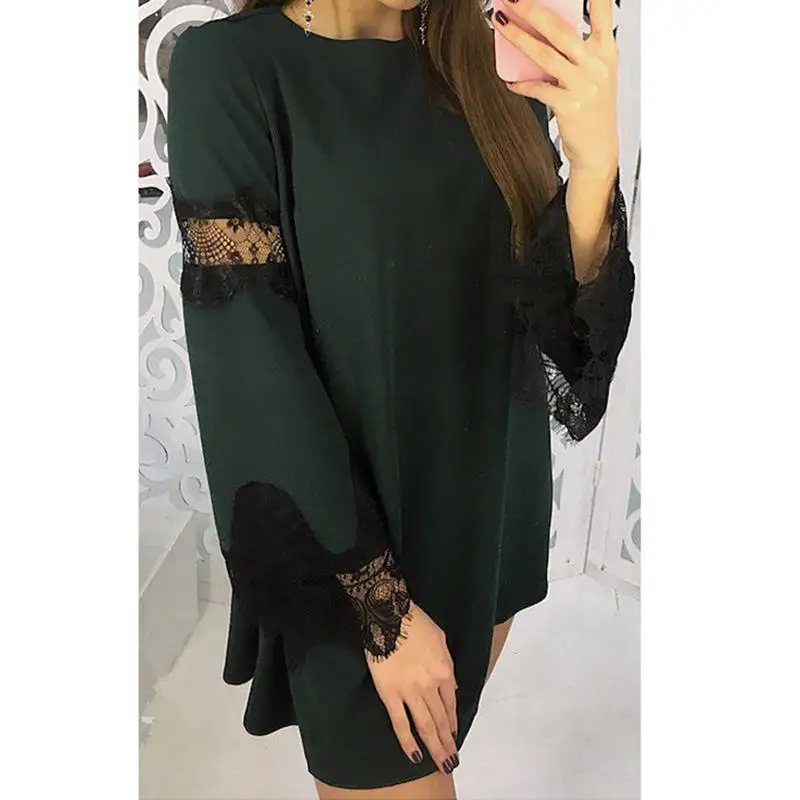 

Women lace dress long sleeves tunic short round neck party 2019 New year Spring Vestido Mini Swing Dress Female
