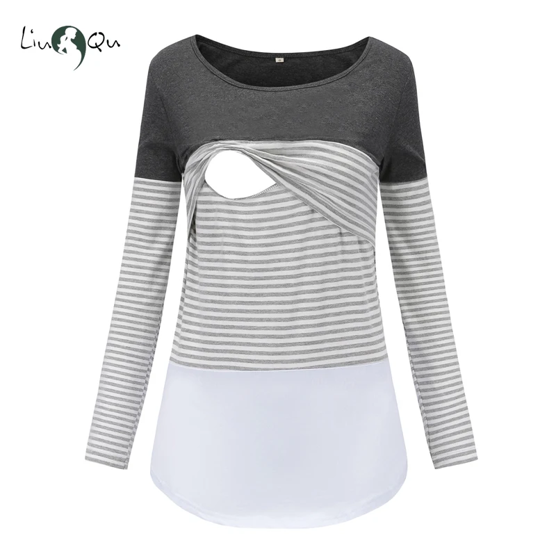 Женская блузка для кормления грудью в полоску с длинным рукавом и круглым