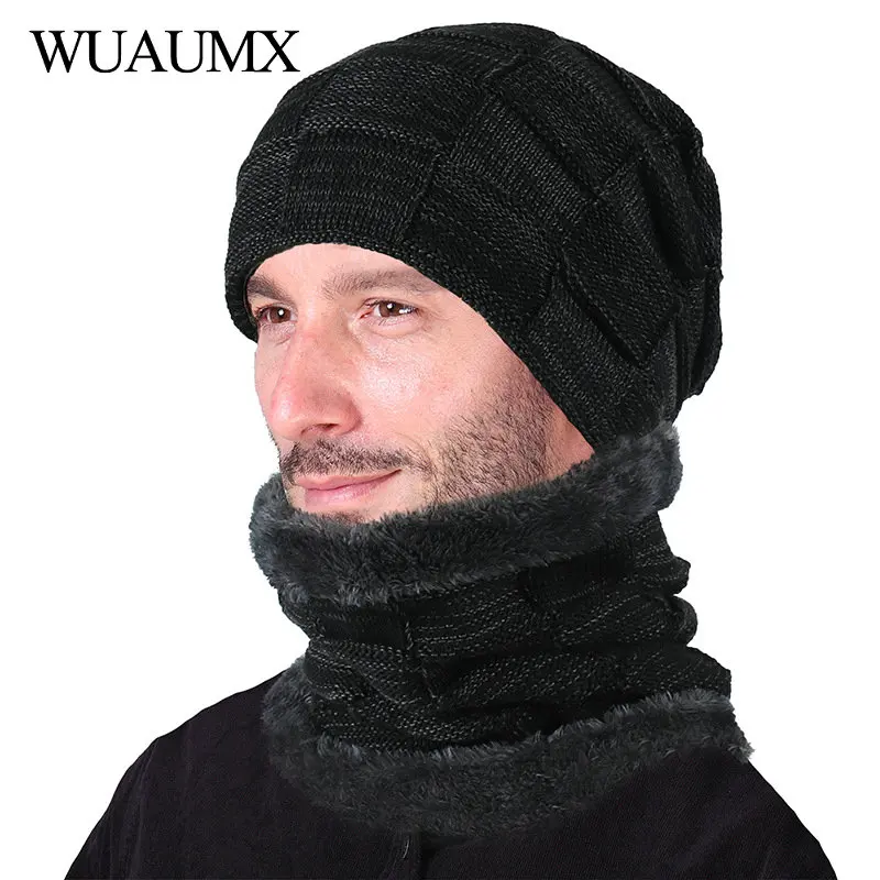 Wuaumx, новая плотная вязаная шапочка, шапка с бархатом, мешковатые Зимние головные уборы для мужчин и женщин, теплый шарф-кольцо, вязаная шапка, шапка czapka zimowa