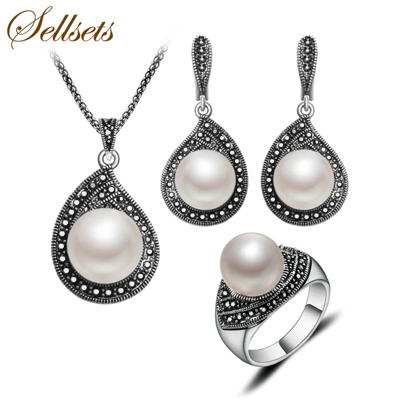 Набор винтажных ювелирных изделий Sellsets с имитацией жемчуга и стразы серебряного