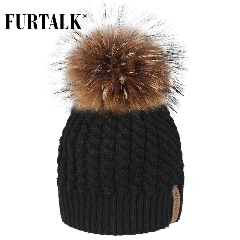 Furtalk Настоящее Меховая Шапка Женская Двойная Подкладка Большой Енота Помпон