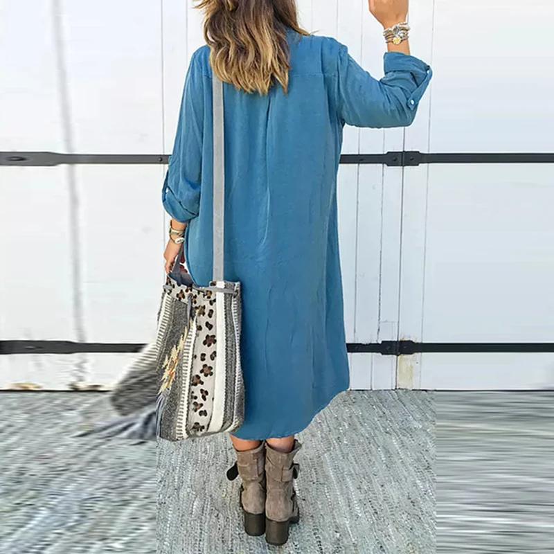 Женское Повседневное платье-рубашка однотонное Свободное длинное платье с