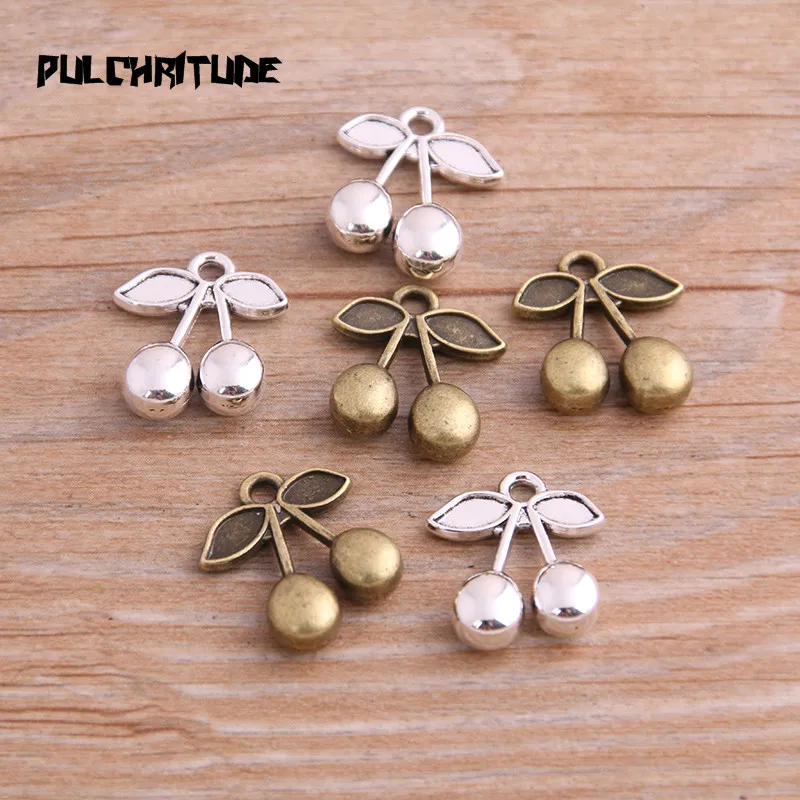PULCHRITUDE 10PCS 15*17mm Two Color Fruit Charms Cherry Pendant Jewelry Metal Alloy Jewelry Marking