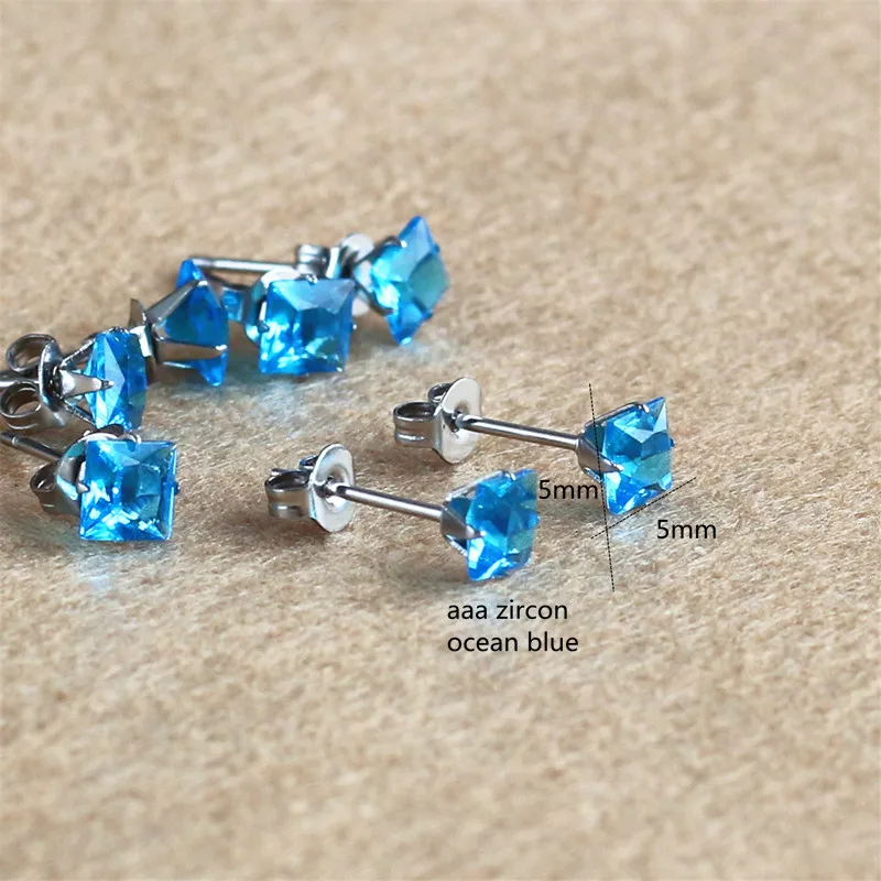 

Titanium Stud Earrings With 5mm AAA Ocean Blue Square Zircons 316 L Stainless Steel No Fade No Allergy