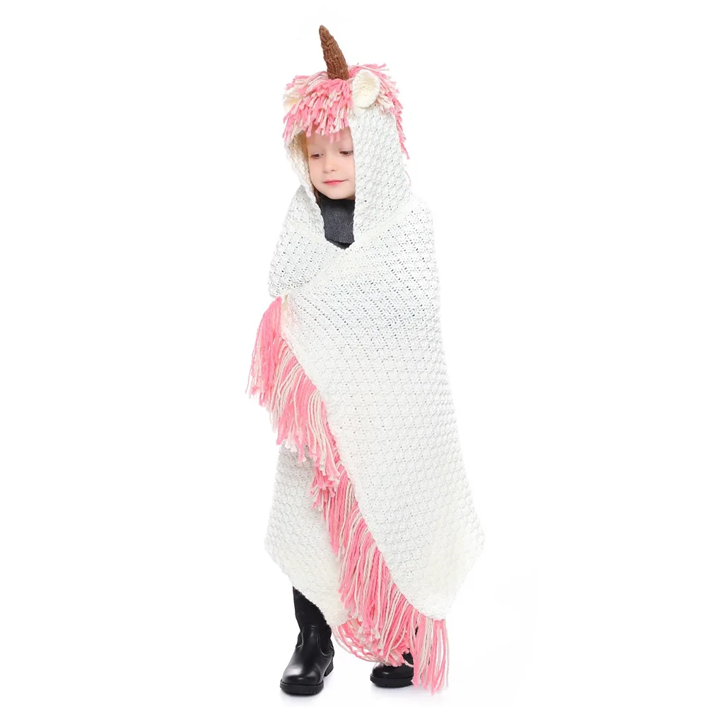 Детское одеяло с единорогом для девочек зимняя шапка шарф шали Вязаный плащ
