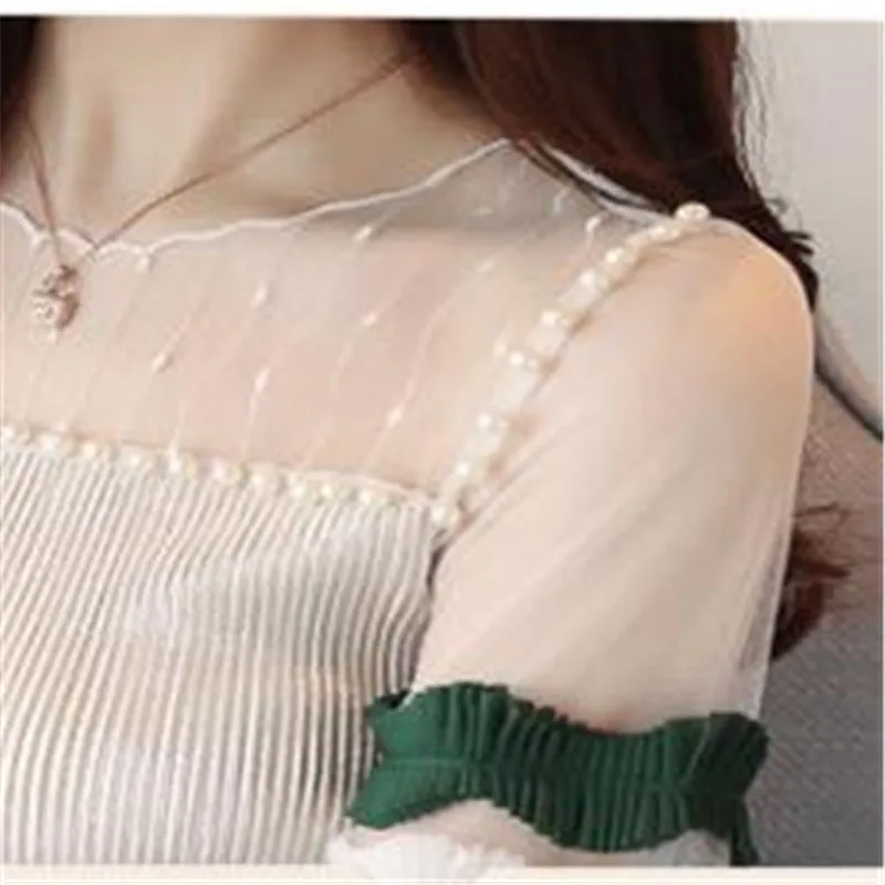 Summer Spring Women Sexy Patchwork Mesh Blouses Tops 2018Female O-Neck With Pearls Chiffon Petal Sleeve Fashion Mujer BlouseQ317 | Женская